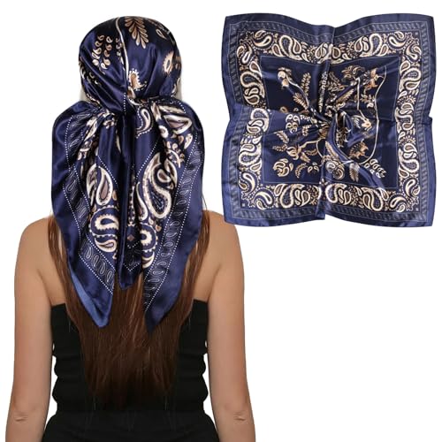 EXTREE Women's 35 inch Fashion Headscarf Silk Satin Scarf for Hair Wrapping at Night Bandana Square Scarf for Sleeping Bohemian Cashew Dark Navy