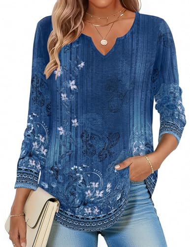 Zeagoo Long Sleeve V Neck Tops for Women Floral Print T Shirts Fashion Trendy Casual Blouse Spring Outfits Clothes 2026 S