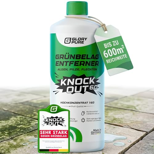 GLORYPURE Grünbelag-Entferner KNOCK OUT 60 | Hochkonzentrat bis zu 600 m extrem starker Wirkstoff effektiv gegen Algen & Flechten | Terrasse Gehwege Fassaden Camper | Der stärkste seiner Art
