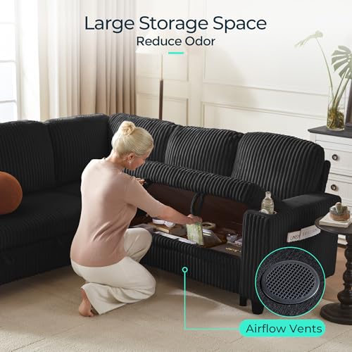 Image of LINSY HOME Sectional Sleeper Sofa with Pull Out Couch Bed - Convertible Plush Corduroy Cloud Couch with Storage Chaise & USB Charging, Comfy Modular Couches for Living Room, Black