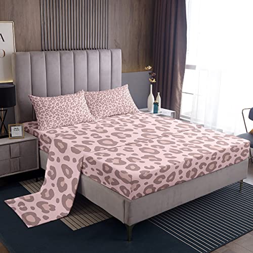 Feelyou Pink Leopard Skin Fitted Sheet Leopard Print Bed Sheet Set For Kids Boys Girls Africa Cheetah Printed Children Bedding Set Ultra Soft Decor Safari Animal Fur Pattern Bed Cover Queen Size 4Pcs #TOP22