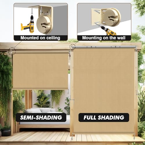 Image of Artpuch Patio Shades Roll Up Outdoor Roller Shade with Spliced Design, 70 inch W x 96 inch H Cordless Outside Blinds Cloth for Porch Pergola Gazebo, Sesame
