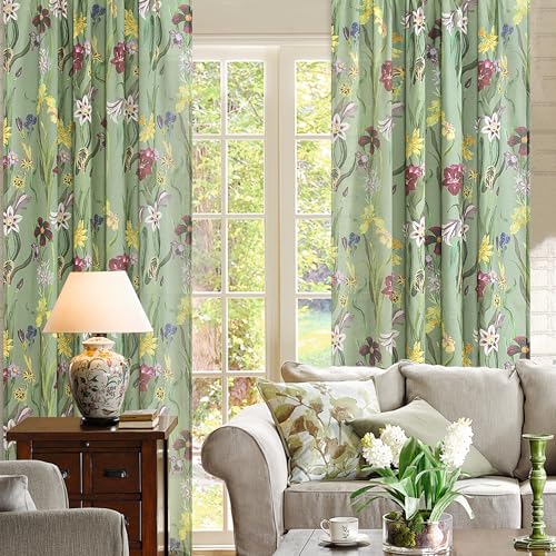 Image of Schweek Ligth Green Boho Floral Curtain 63 Inch Length 2 Panels for Kitchen | Cotton Linen Semi Sheer, Farmhouse Vintage Patterned Cottage Core Western Curtain Drapes for Bedroom Living Room 52 inchx 63 inch