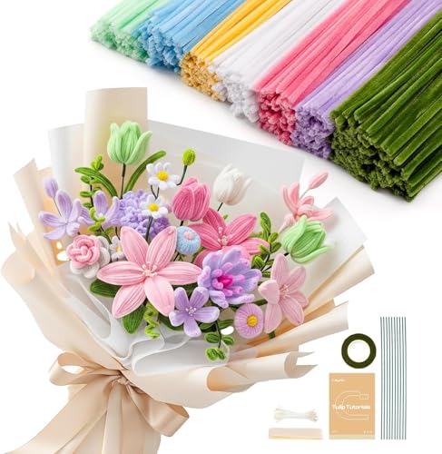 Caydo 500 Pieces Pipe Cleaner Flower Kit Macaron Colorful Chenille Stems Bulk for Pipe Cleaner Bouquets Making