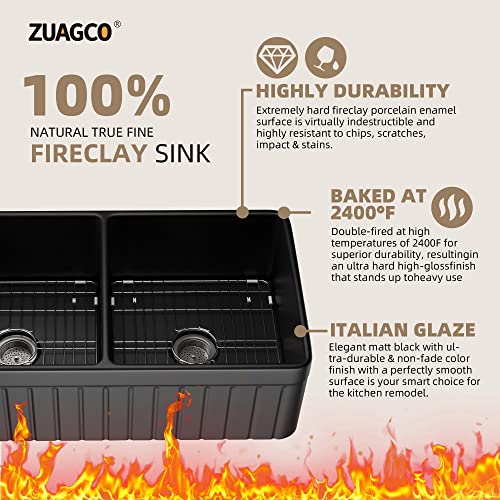 Zuagco Black Farmhouse Sink 33 Inch Fireclay Apron Front Farm Sink Large Capacity Deep Double Bowl Kitchen Sinks With Accessories Protective Bottom Grid And Strainer #TOP2