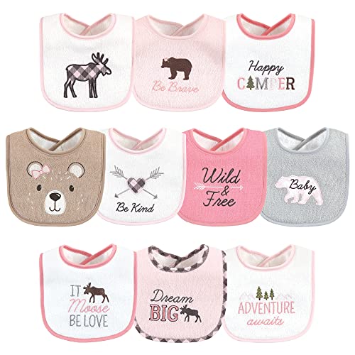 Image of Hudson Baby Unisex Baby Cotton Terry Drooler Bibs with Fiber Filling, Girl Moose Bear, One Size