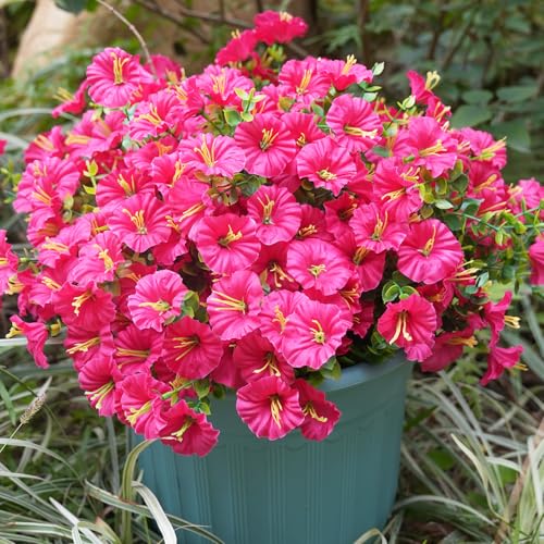Image of Artificial Flowers for Outdoors, UV Resistant Fake Silk Morning Glory, Realistic Faux Plants for Outside Porch Patio Window Box Hanging Planter (16, Hot Pink)