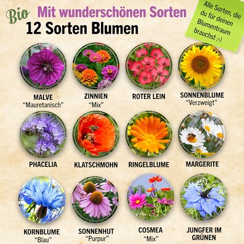 Bio-Saatgut Blumensamen Set mit 12 Sorten, 100% natürlich
