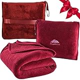 BlueHills Premium Soft Travel Blanket Pillow Airplane Blanket Packed in Soft Bag Pillowcase with Hand Luggage Belt and Backpack Clip, Compact Pack Large Blanket for Any Travel (Red T001)