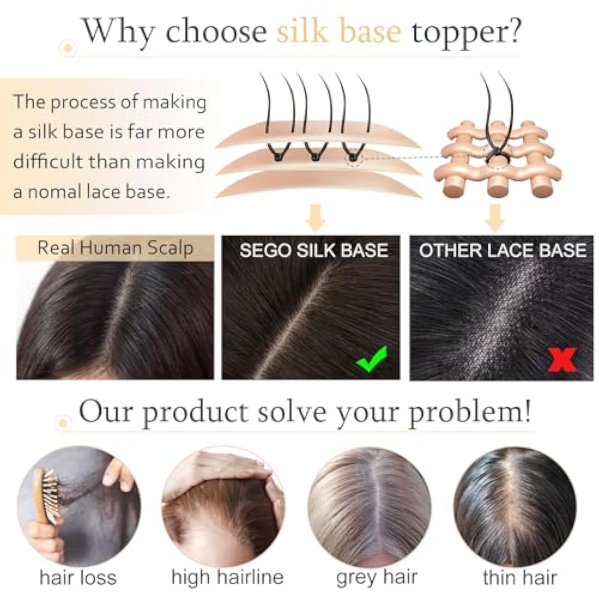 150% Density Human Hair Toppers for Women, No Bangs