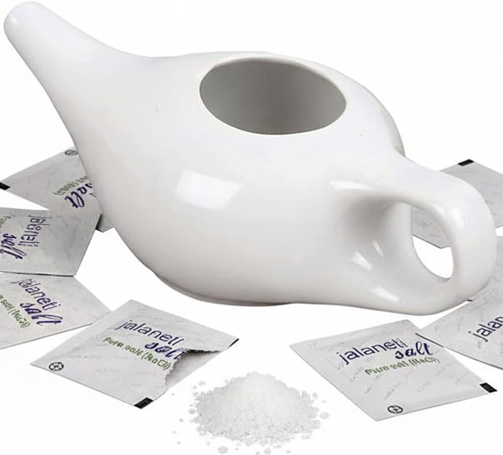 - HealthAndYogaยฎ Classico Ceramic Jala Neti Pot-(White, 200ml) +HealthAndYogaยฎ Pure Jala Neti Salt Sachets (Pack of 10) - Saline Nasal Wash-for Common Cold,Dust & Pollution-Porcelain Genie Lamp Design