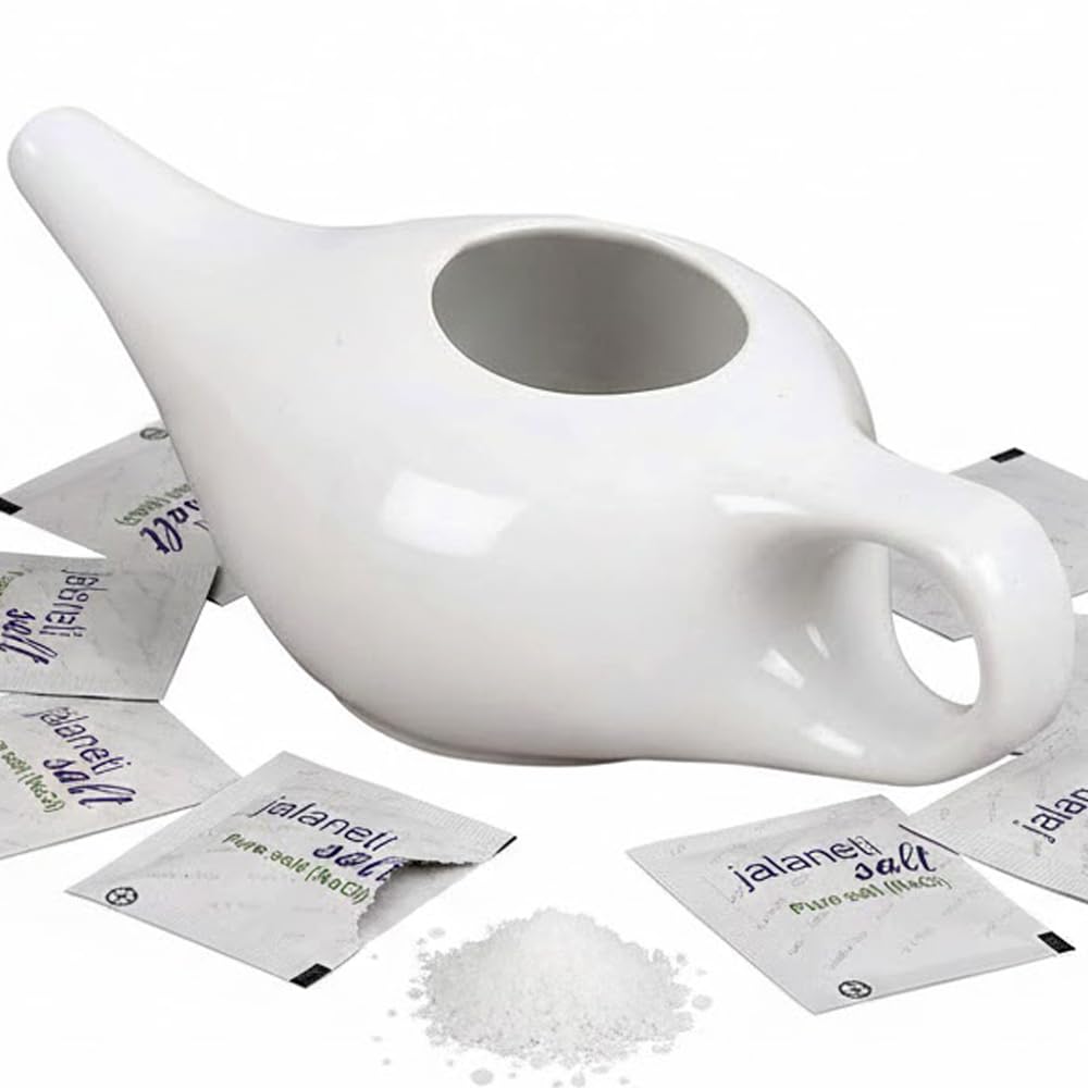 HealthAndYoga® Classico Ceramic Jala Neti Pot-(White, 200ml) +HealthAndYoga® Pure Jala Neti Salt Sachets (Pack of 10) - Saline Nasal Wash-for Common Cold,Dust & Pollution-Porcelain Genie Lamp Design