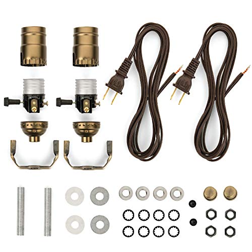 I Like That Lamp DIY Lamp Wiring Kit, Antique Brass Socket & 8FT Brown Cord (2 Pack), For Making & Fixing Table or Floor Lamps, Repair & Rewire Vintage Lighting Fixtures, Complete Hardware Set