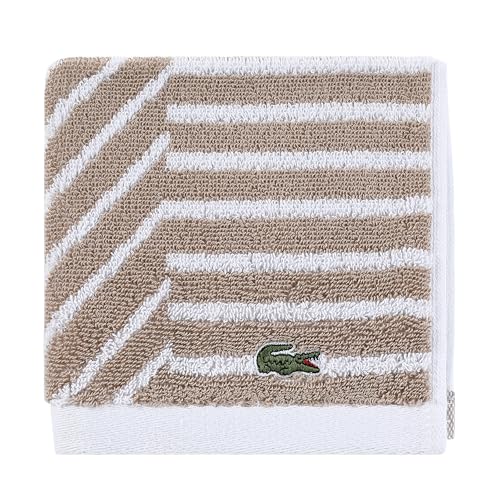 Lacoste Guethary Striped Towel – 100% Cotton, Reversible Modern Geometric Design, Soft & Absorbent, Durable & Lightweight, Machine Washable – Sand, 13