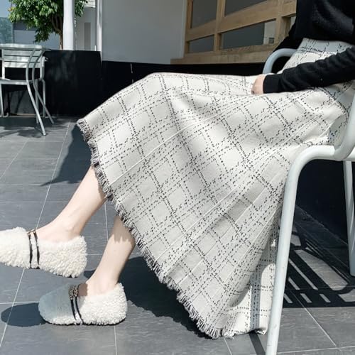 chouyatou Women's Elegant Plaid Tassels Fringe Tweed Skirt Knit Elastic High Waist A Line Midi Skirt3
