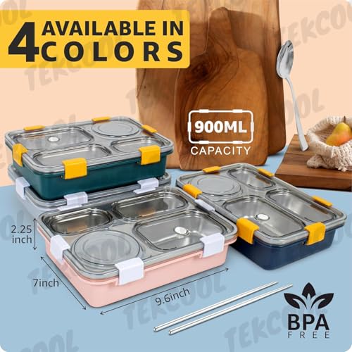 Image of TEKCOOL Lunch Box for Adults - Lunch Box for Kids - with Spoon & Fork - Stainless Steel Lunch Box with 4 Compartment - Durable Perfect Size for On-The-Go Meal, BPA-Free';