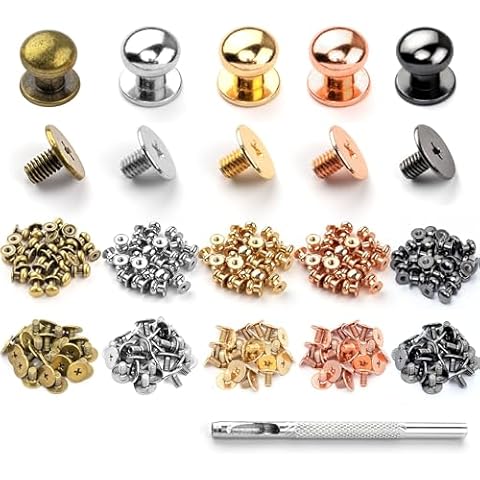 INKNOTE 125 Sets 5 Colors Chicago Screws Solid Round Head Button Tack Slotted Screws Nipple Rivet Studs Nail Rivets for Clothing Shoes Belts Bags Watchbands Dog Collars DIY Leather Craft Accessories Cover