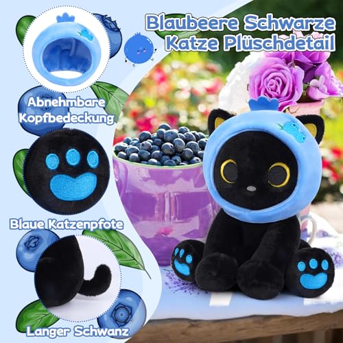 MUFEIRUO Schwarze Katze Plüschtier mit Blaubeer-Kopfhaube,Katze Plüsch Stofftier mit Abnehmbare Kapuze,Kuscheltier Geschenk zum Geburtstag,Halloween,Weihnachten