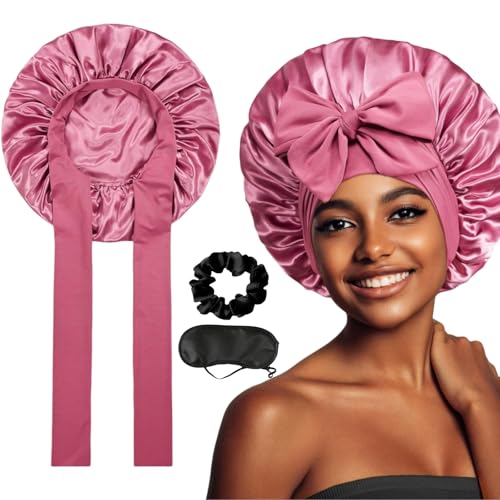 Dyiouxin Satin Bonnet,Gorro de Seda,Gorros de Satén para Dormir,Gorro Saten Pelo Rizado Ajustable,Pelo Rizado Dormir,con Redes para el Cabello y Antifaz,para Mujeres y Niñas,Rosa