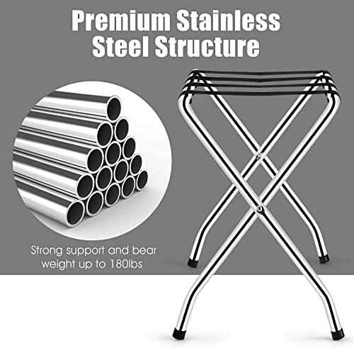 Hysache Foldable Luggage Rack, Chrome Bag Suitcase Holder W/Nylon Straps, No Assembly Required, Durable Folding Bag Holder For Home, Bedroom, Guest Room, Hotel, Silver #TOP6
