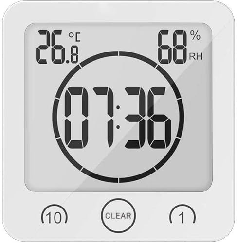Vista 16 de Reloj de pared digital para baño con alarma con pantalla LCD grande, resistente al agua para rociar agua, pantalla de temperatura de humedad, Rojo