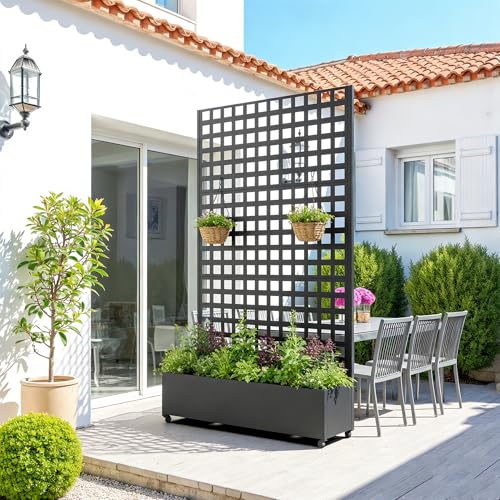 casa.pro Fioriera con Spalliera Portapiante Mobile con Pannello Grigliato Graticolato Parete Divisorio a 4 Rotelle da Interno e Esterno Separatore da Terrazza 190 x 82 x 38 cm Acciaio - Nero