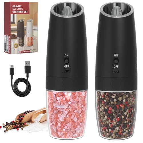 Rechargeable Salt and Pepper Grinder Set, Automatic Electric Salt and Pepper Grinder Set, USB Rechargeable, Single-handed Automatic Operation, Adjustable Coarseness and Fineness, 2 Packs