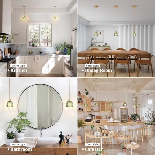 Image of Shenmoyl Pendant Light 2 Pack with Green Tulip Glass Lmapshade, Brass Vintage Pendant Light Adjustable Hanging Light for Kitchen Island Dining Room Hallway