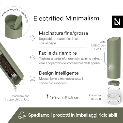 LARS NYSØM Macina Sale e Pepe Elettrica Gravity - Set di Macinini Automatici Ricaricabili USB-C, Macinatura Regolabile, Utilizzo con una Mano per Cucina (Sage Green) - immagine 5