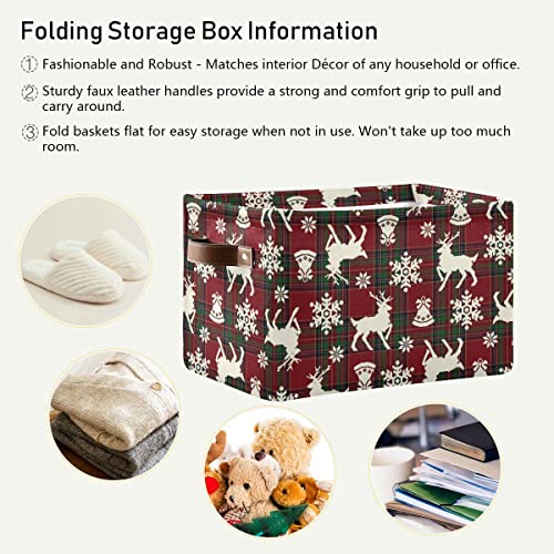 Image of Christmas Bells Reindeer Storage Basket Fabric Laundry Baskets Winter Snowflake Xmas Red Green Buffalo Plaid Storage Boxes Organizer Bag for Cloth Toy Book Storage Cubes Shelf Closet Bins 16x12x8