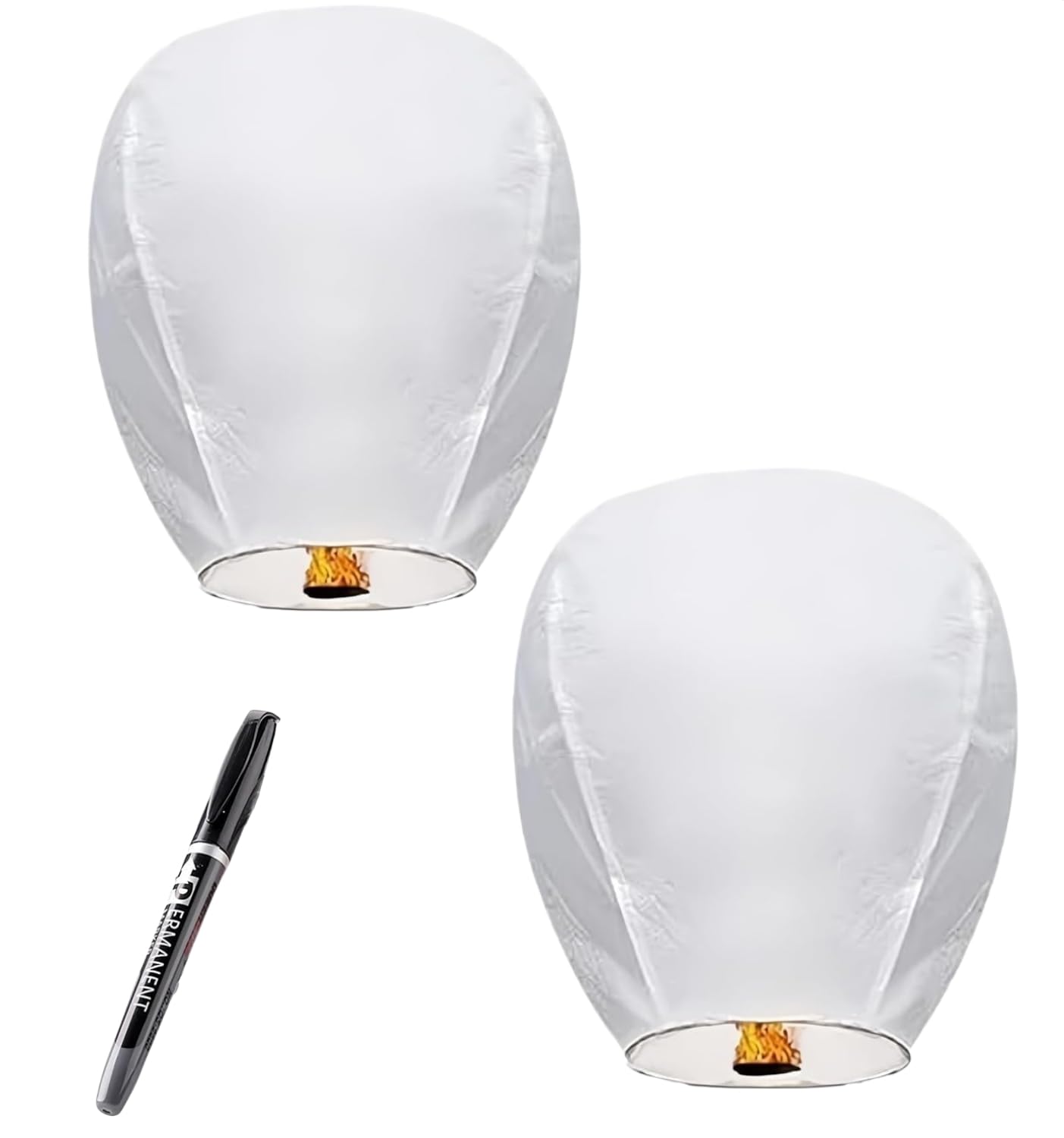 Chinese Sky Lanterns 2 Pack, Friendly Biodegradable Floating Lanterns to Release in Memory, White Paper Wishing Lanterns with a Markers for Wedding Memorial Funeral Outdoor Party (Off White)