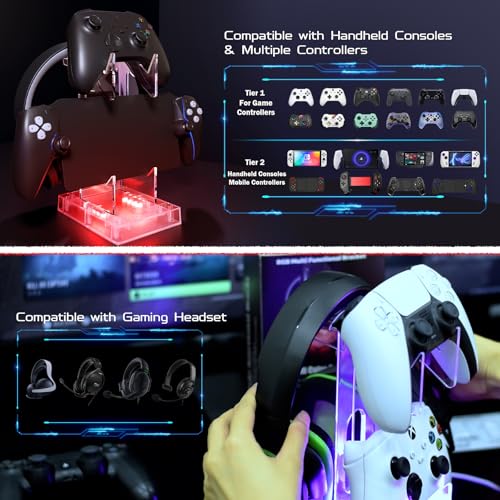 Proaustin Uchwyt na kontroler ze światłem RGB, 2-poziomowy akrylowy stojak na kontroler do gier PS5/PS4/PS Portal/Xbox/Switch, zestaw słuchawkowy do gier, stojak, akcesoria dla graczy stacjonarnych