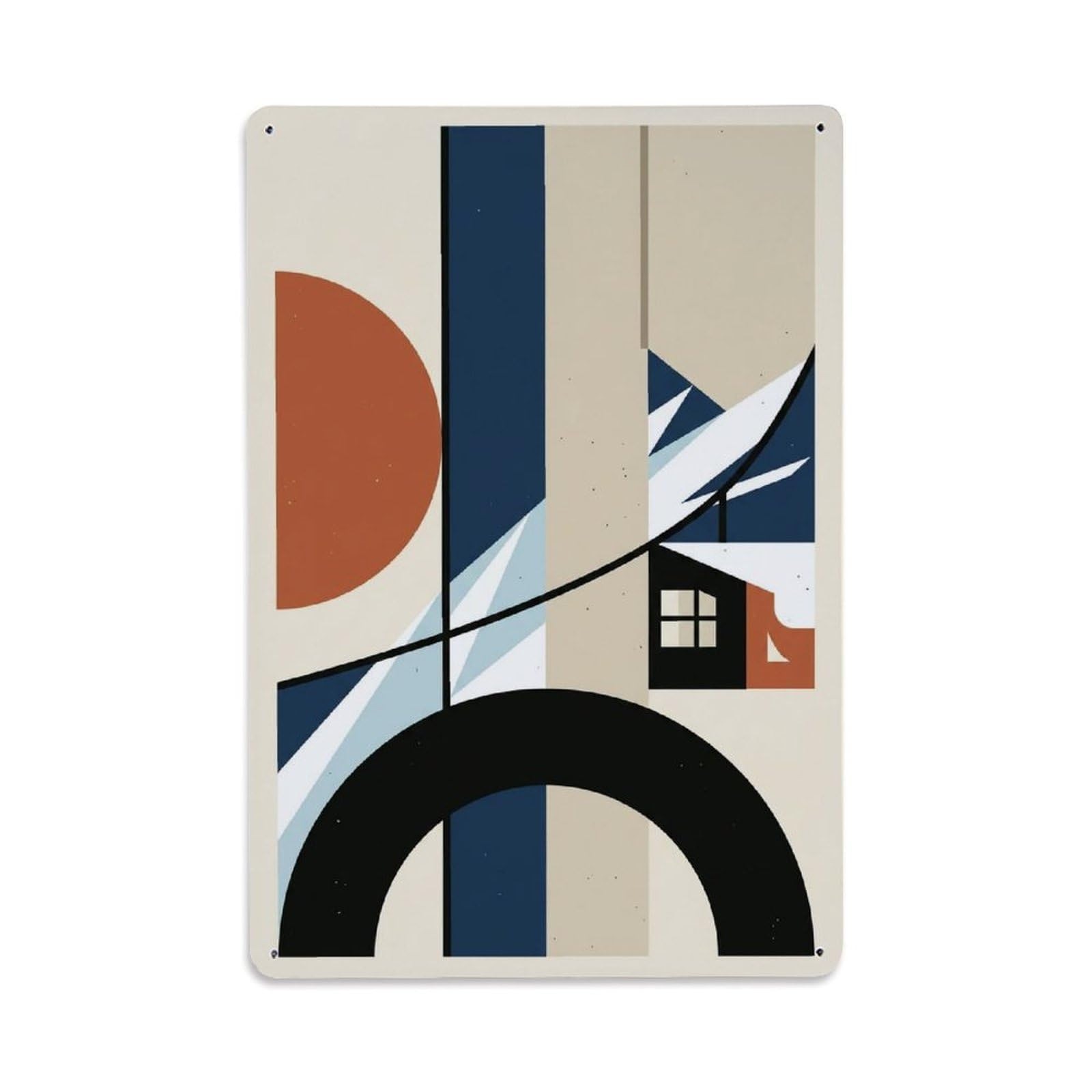 Retro Color Blocks Mountain Gondola Cream Background Metal Tin Sign Plaque Wall Decor for Cafe, Man Cave, Club Bar, Office, Home Garden Round Metal Poster 8x12Inch
