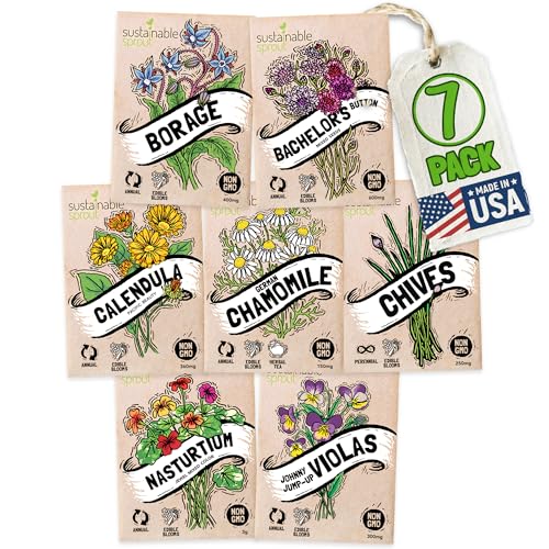 Edible Flower Seeds for Planting: 7 Variety Packets: Viola, Calendula, Chamomile, Chives, Bachelor Button, Borage & Nasturtium, Annual & Perennial Edible Flower Seeds Garden Kit by Sustainable Sprout