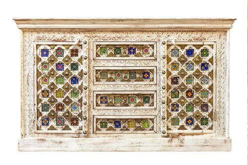 Antique Indian Brass Work Hand Carved Solid Wooden Sideboard Multicolor Mango Wood Indian Arched Sideboard Cabinet Storage Units Indian Solid Wood,Living Room Bedroom Furniture,Modern Sideboard #TOP17