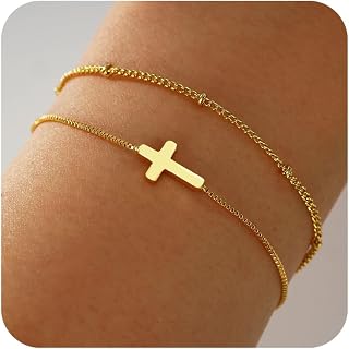 Cross Bracelet for Women,Dainty 14k Gold Plated Pearl Bridesmaid Bracelets for Women Small Wrist, Trendy Stack Thin Chain Sunflower Bracelet Gold Jewelry for Womens Baptism Gift
