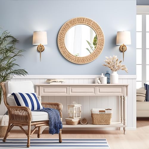 Barnyard Designs Woven Rattan Bathroom Mirror - Rustic Farmhouse Style Braided Wicker Wall Mirror - Handwoven Boho Décor for Bedroom, Entryway, Nursery (25.5", Round) - Image 2