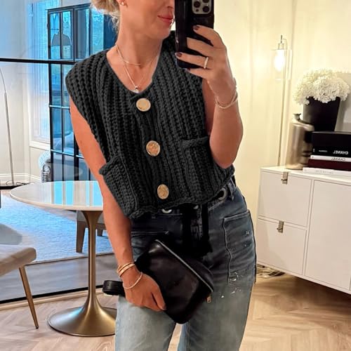 Image of Hixiaohe Womens Crochet Chunky Knit Top Sleeveless Button Down Crop Tops Trendy Cardigan Sweater Vest for Women with Pockets