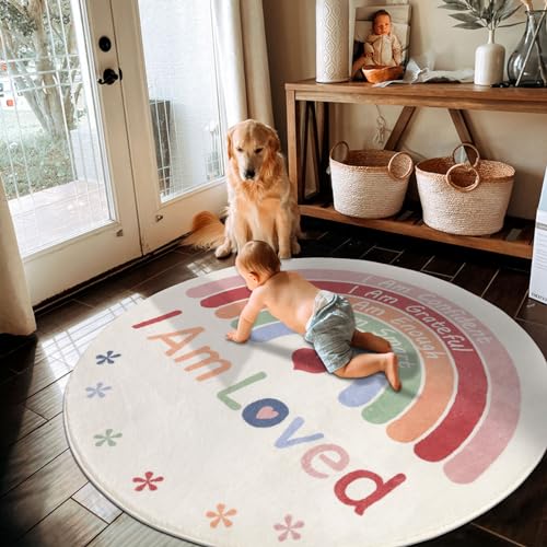 Topotdor Boho Rainbow Round Rug,Washable Kids Rug Ultra Soft Colorful Nursery Rug For Calming Corner Home Bedroom Playroom Decor,47 Inch Round thumb #5