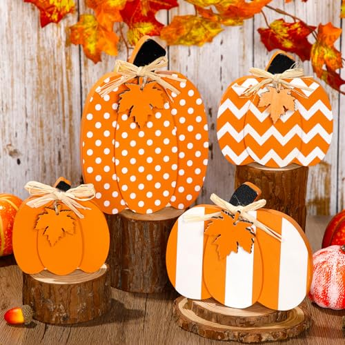Yalikop 4 Pcs Thanksgiving Wooden Pumpkin Decor 3D Pumpkin Tabletop Signs Farmhouse Thanksgiving Fall Standing Table Centerpieces Rustic Tiered Tray Decor for Home Kitchen Party(Orange and White)
