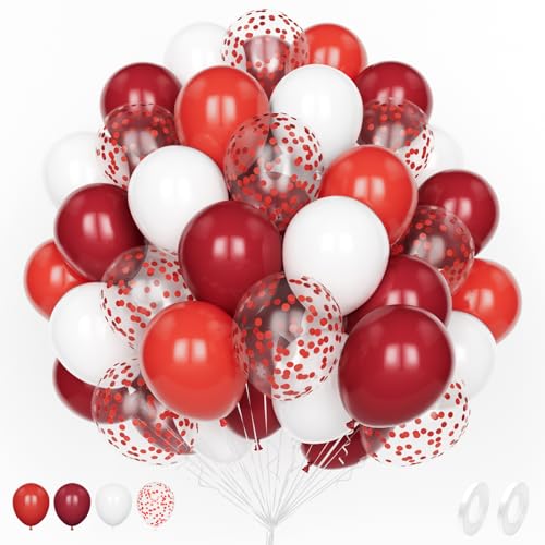 Ballon Rouge Blanc, 60 Pièce 12 Pouces Mat Blanc Rouge Confettis Latex Hélium Ballon pour Fille Femme Anniversaire Baby Shower Mariage Douche Nuptiale...
