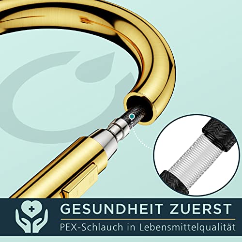 FORIOUS Wasserhahn Küche, Hoher Bogen Küchenarmatur mit Herausziehbarer Brause Ausziehbar Armatur, Mischbatterie Spültischarmatur Küche Küchenarmaturen, 360° Schwenkbar, Gebürstetes Gold