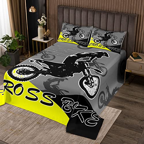 Juego de colcha acolchada para bicicleta de cross, juego de colcha deportiva extrema, juego de edredón para motociclista, colección de ropa de cama amarilla para niños, niñas, adultos, tamaño King