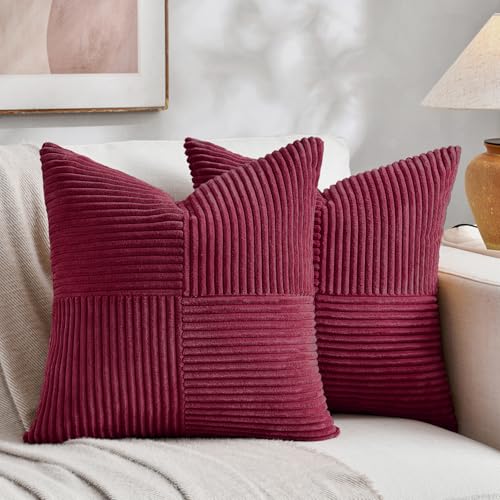 Image of Fancy Homi 2 Packs Burgundy Samll Decorative Throw Pillow Covers 14x14 Inch with for Couch Bed Sofa, Rustic Farmhouse Boho Home Decor, Soft Corss Patchwork Corduroy Square Cushion Case 35x35 cm