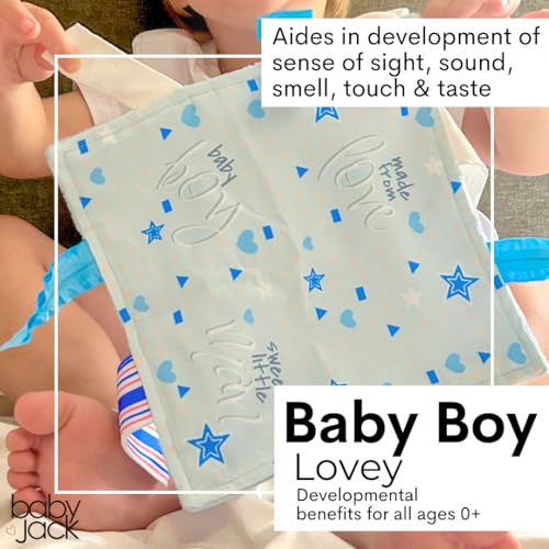 Image of Baby Jack & Co 8x8 inch Learning Lovey Gender Reveal Baby Newborn Boy Blue Tag Stroller Toy for Babies - Crinkle Toys for Developing Five Senses BPA Free Clip