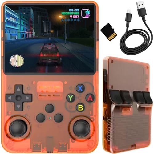Consola Retro Portatil con 15000 Juegos - Mini Consola R36S on Juegos de PS1, PSP, N64, NDS, SuperN, GameB, GBA, NeoG, etc. Pantall HD IPS 3.5'' 640*480 - Quad Core 1,6 GHz y RAM 1GB (Color Naranja)