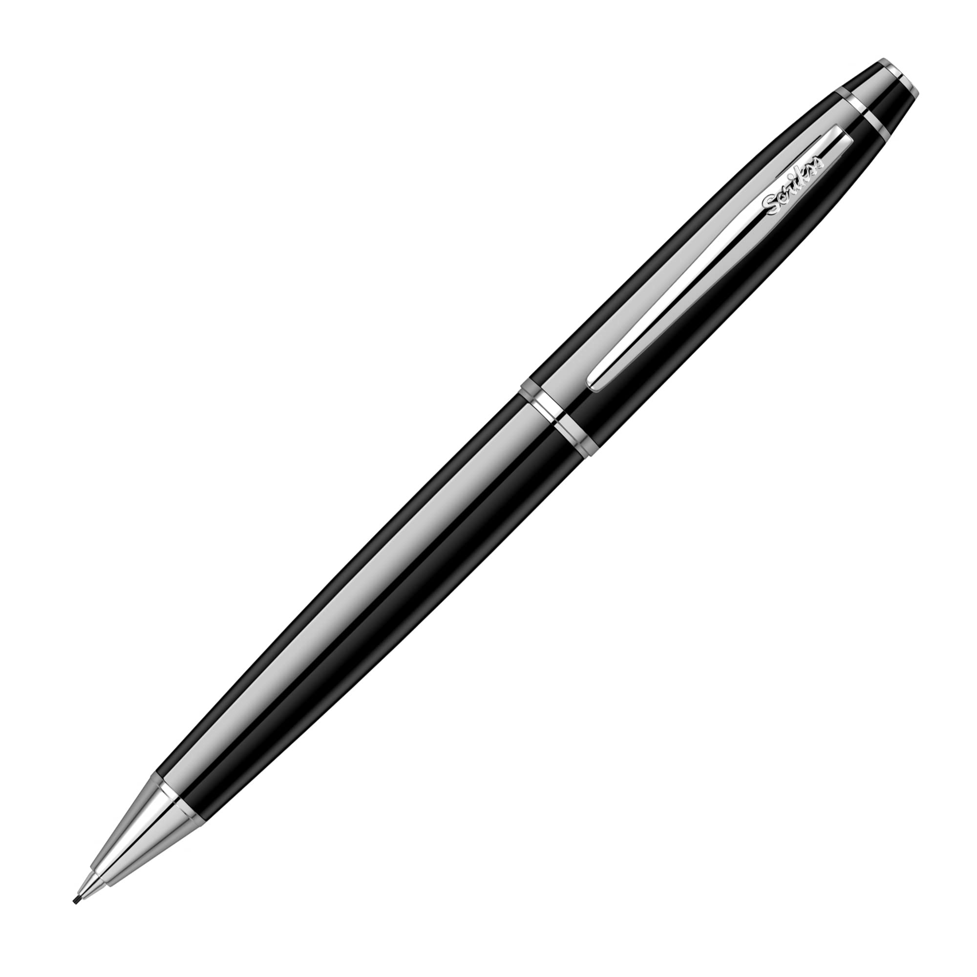 Scrikss Ołówek mechaniczny 0,7 mm, korpus z czarnego mosiądzu, chromowane wykończenia, mechanizm skrętny, seria Noble 35, nowoczesny i elegancki długopis, idealny na prezent, do użytku w biurze i domu
