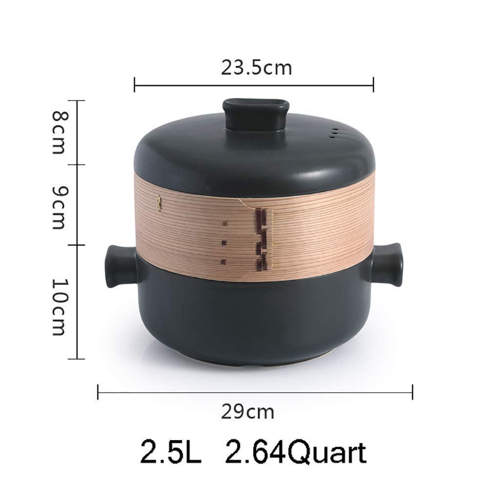 Casseruola in Ceramica con Coperchio a Gabbia di Vapore e Due Manici pentole in Terracotta impilabili Resistenti al Calore Nere 1,58 Quart (Nero 1,58 Quart)