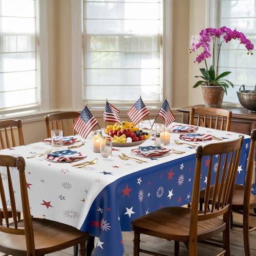 Image of 4th of July Tablecloth, 6 PCS Red White and Blue Patriotic Tablecloths(54x108 Inch) Independence Memorial Day American Flag Decorations Table Cloth Cover for Picnic Camping Party Dinner Table Decor
