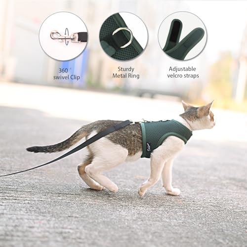 Image of Kitty Harness and Leash for Walking Escape Proof Breathable Mesh Fabric, Solid Green, Small, Adjustable Cat Walking Jackets, Padded Stylish Cat Vest